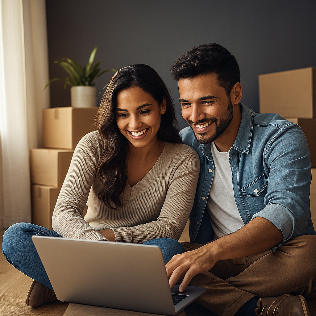 Casal escolhendo financiamento no notebook